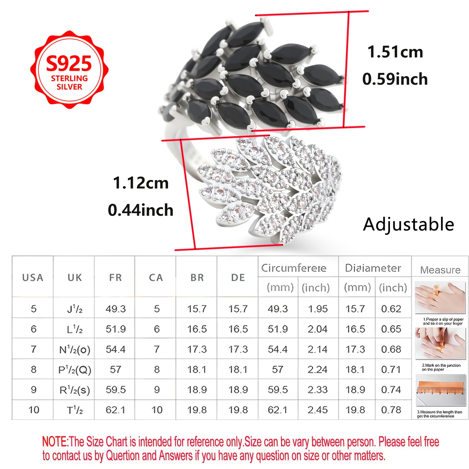 925 Sterling Silver Wing Open Ring with Black & White Zirconia